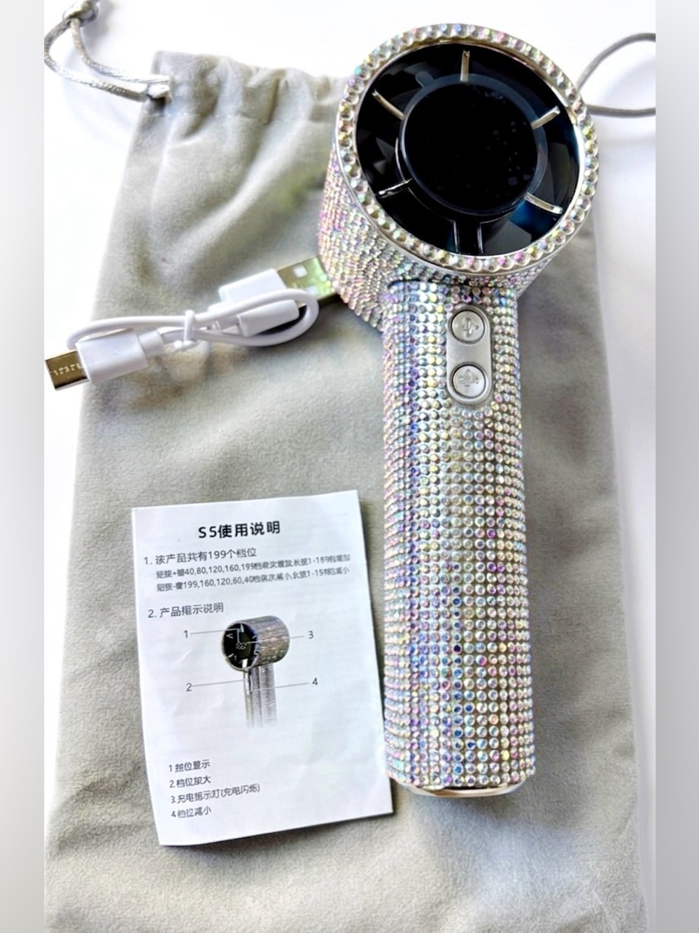 Bling Rhinestone Rechargeable Handheld Fan – NIB - Picture 6 of 10